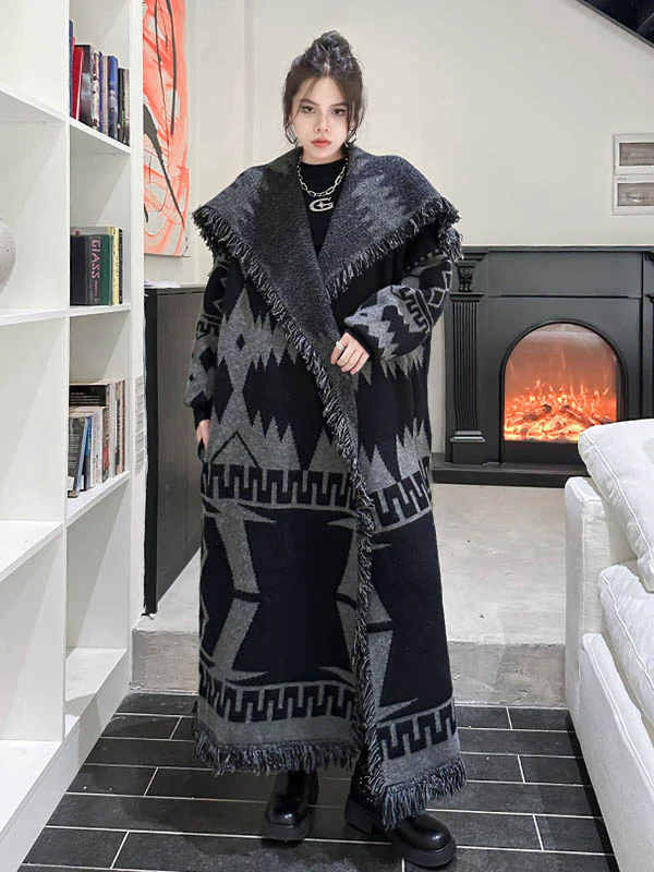 Long Sleeves Loose Contrast Color Geometric Split-Joint Tasseled Lapel Outerwear Overcoat