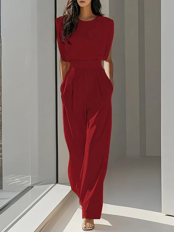 Loose Pleated Solid Color Split-Joint Round-Neck Jumpsuits