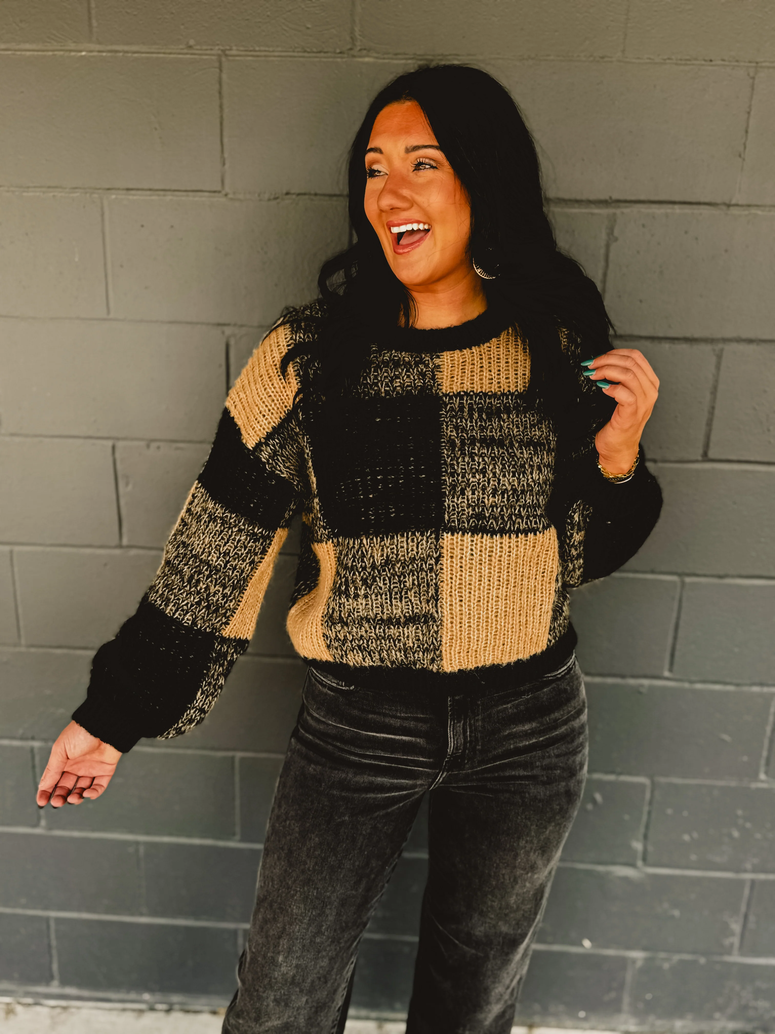 Plaid Knit Crewneck Pullover Sweater - Black