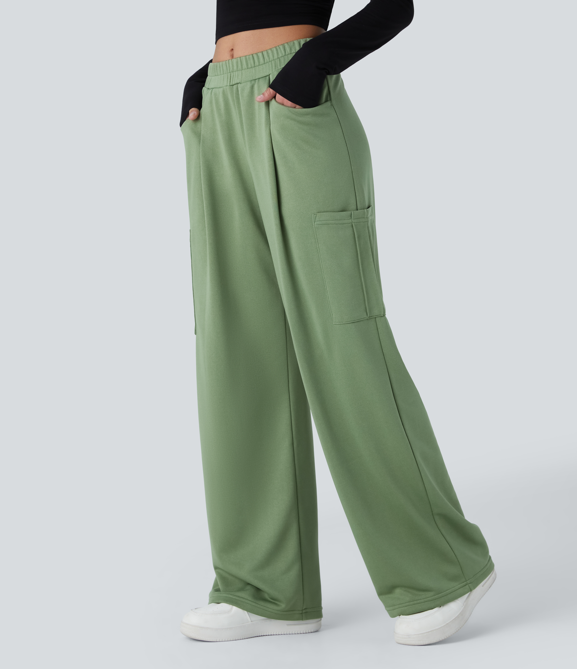Mid High Waisted Pockets Casual Cargo Pants