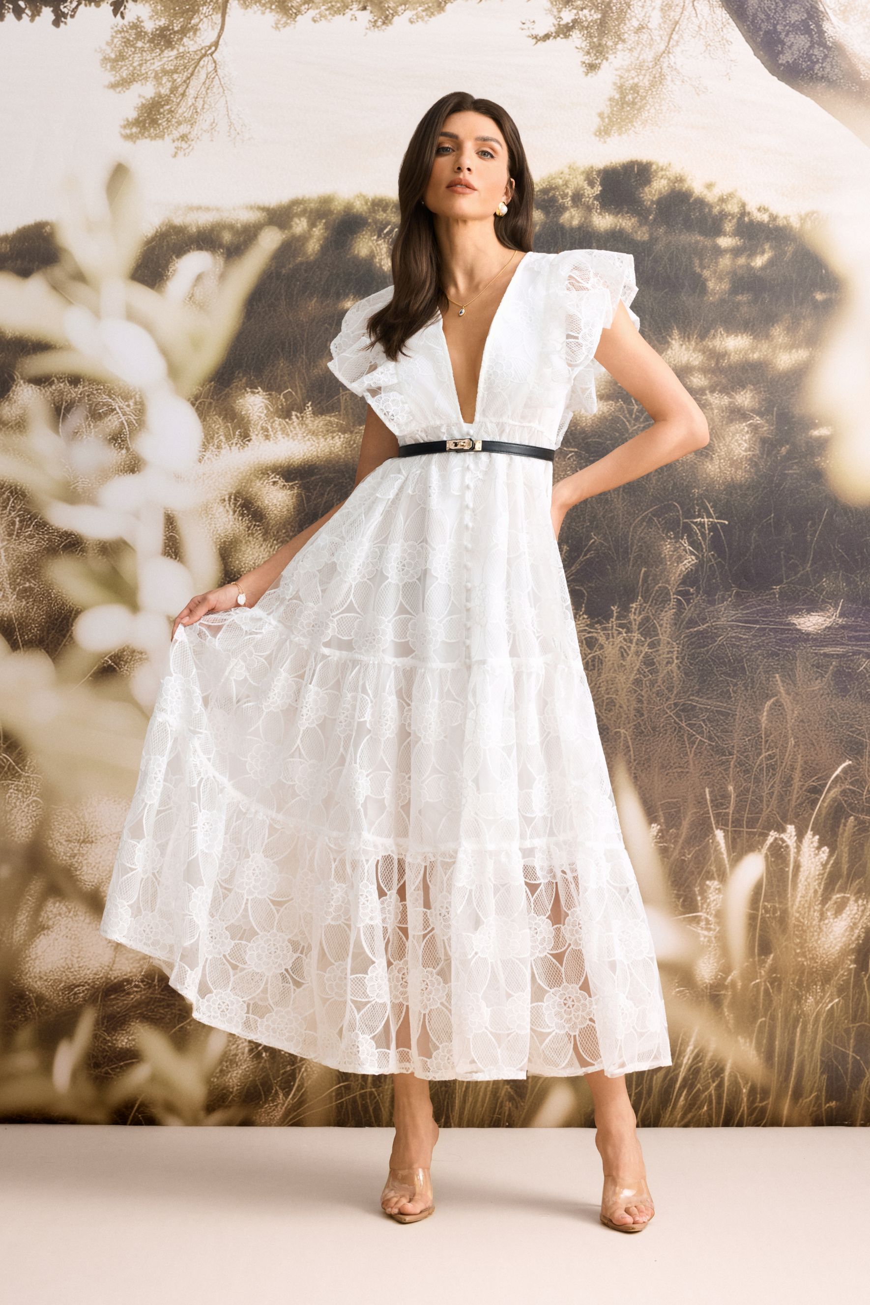 Deep V-Neck Sheer Lace Maxi Dress