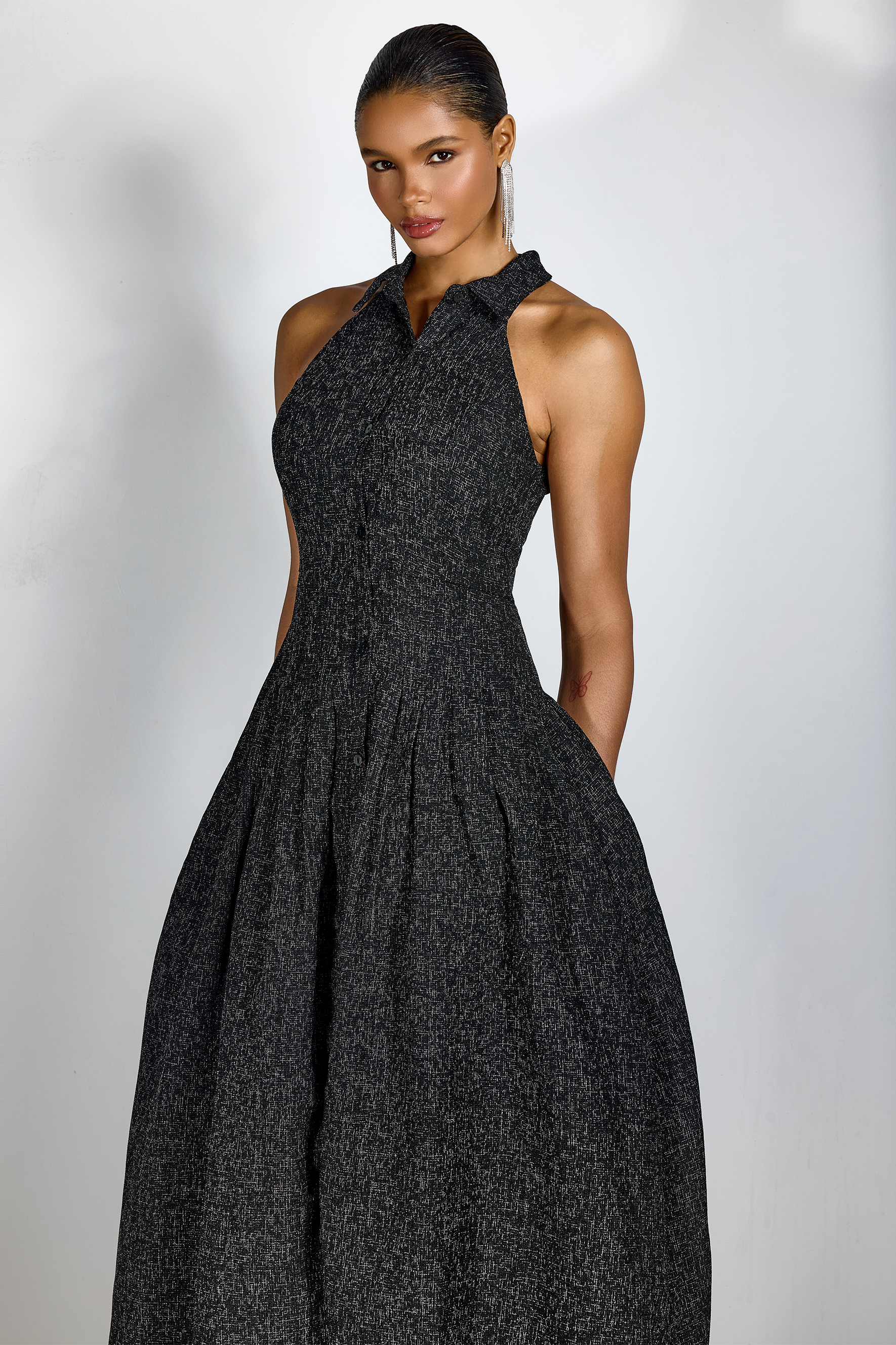 Shirt Collar Sleeveless Tweed Maxi Dress