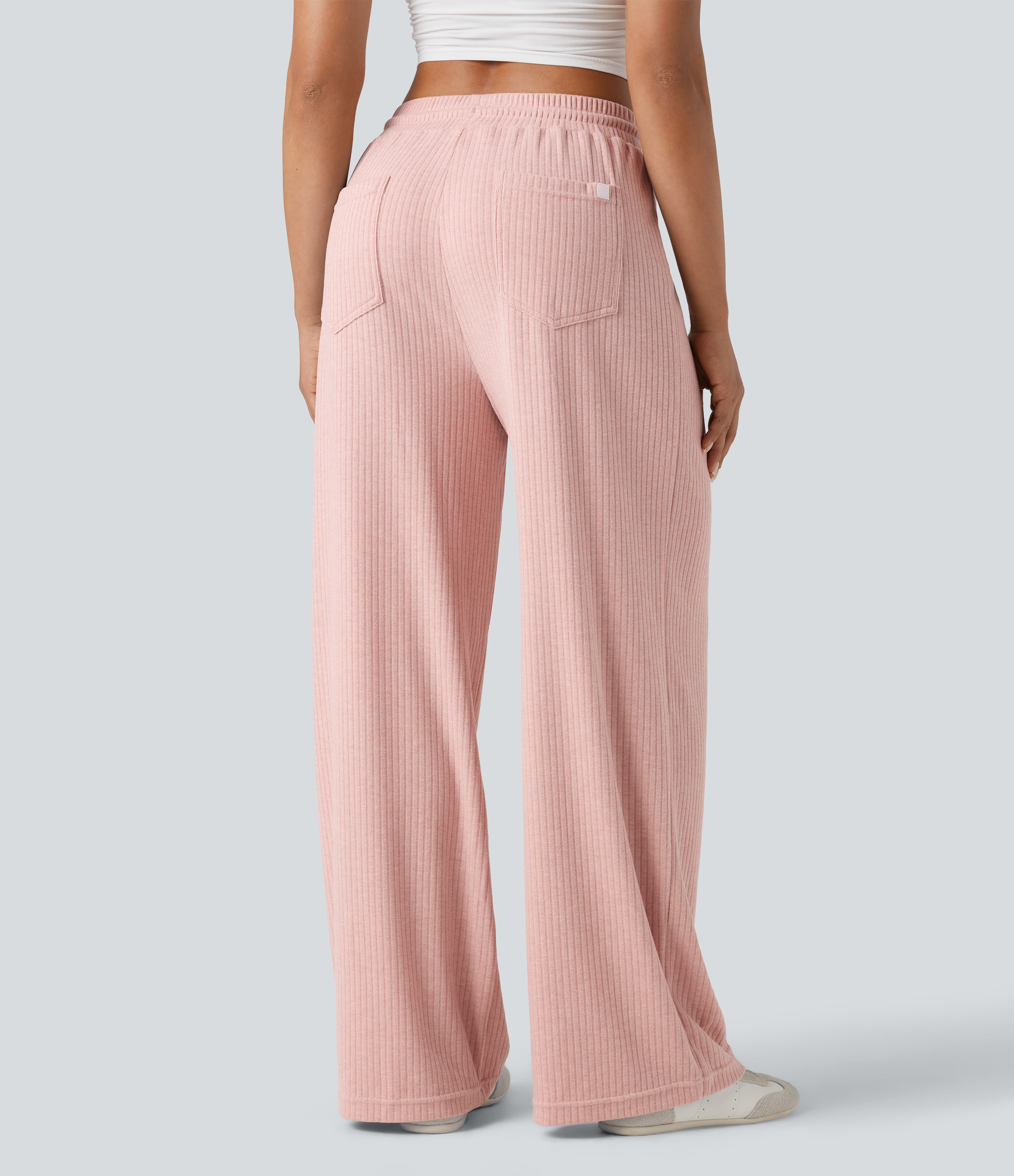 Ribbed Knit High Waisted Drawstring Straight Leg Casual Pants with Pockets