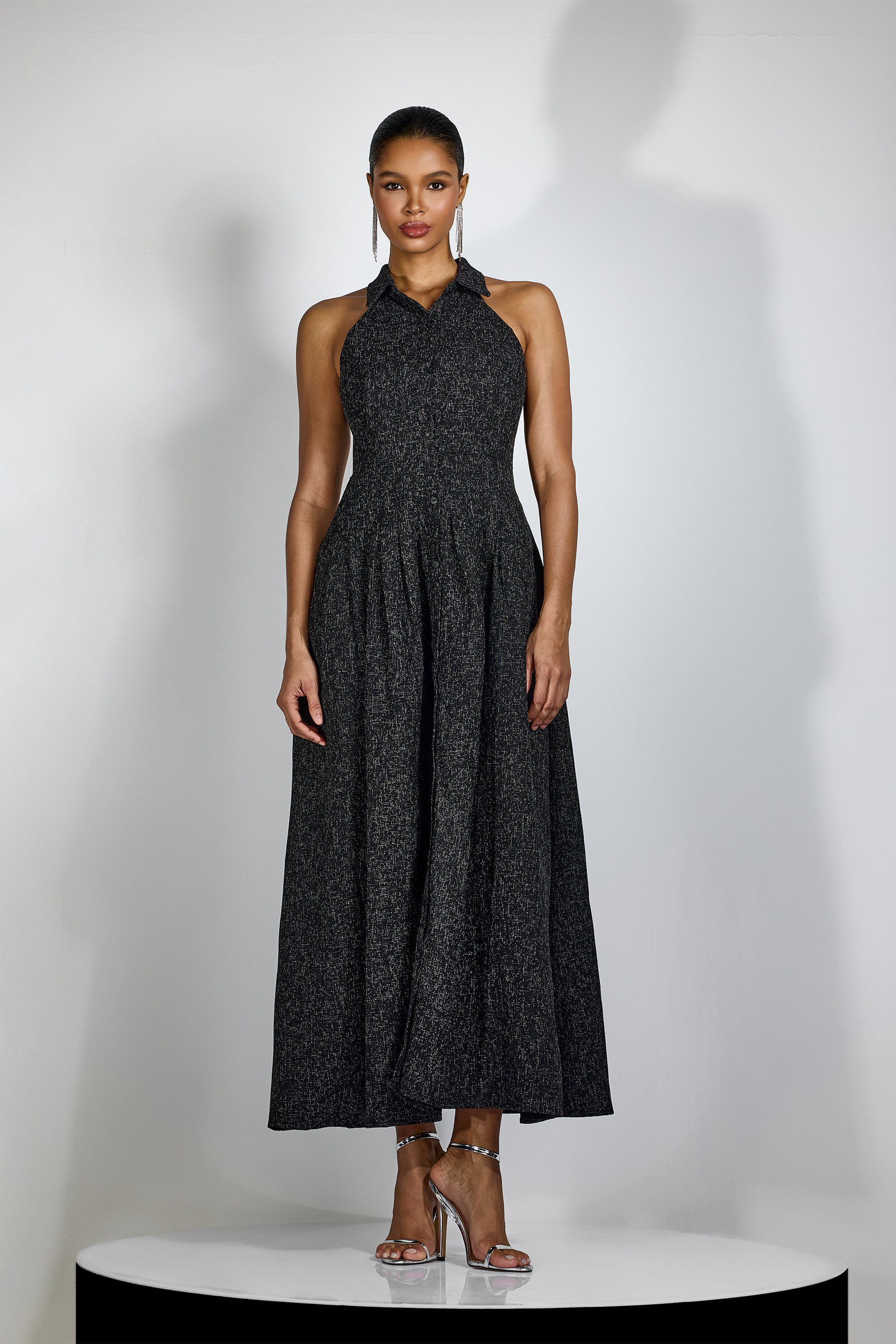 Shirt Collar Sleeveless Tweed Maxi Dress