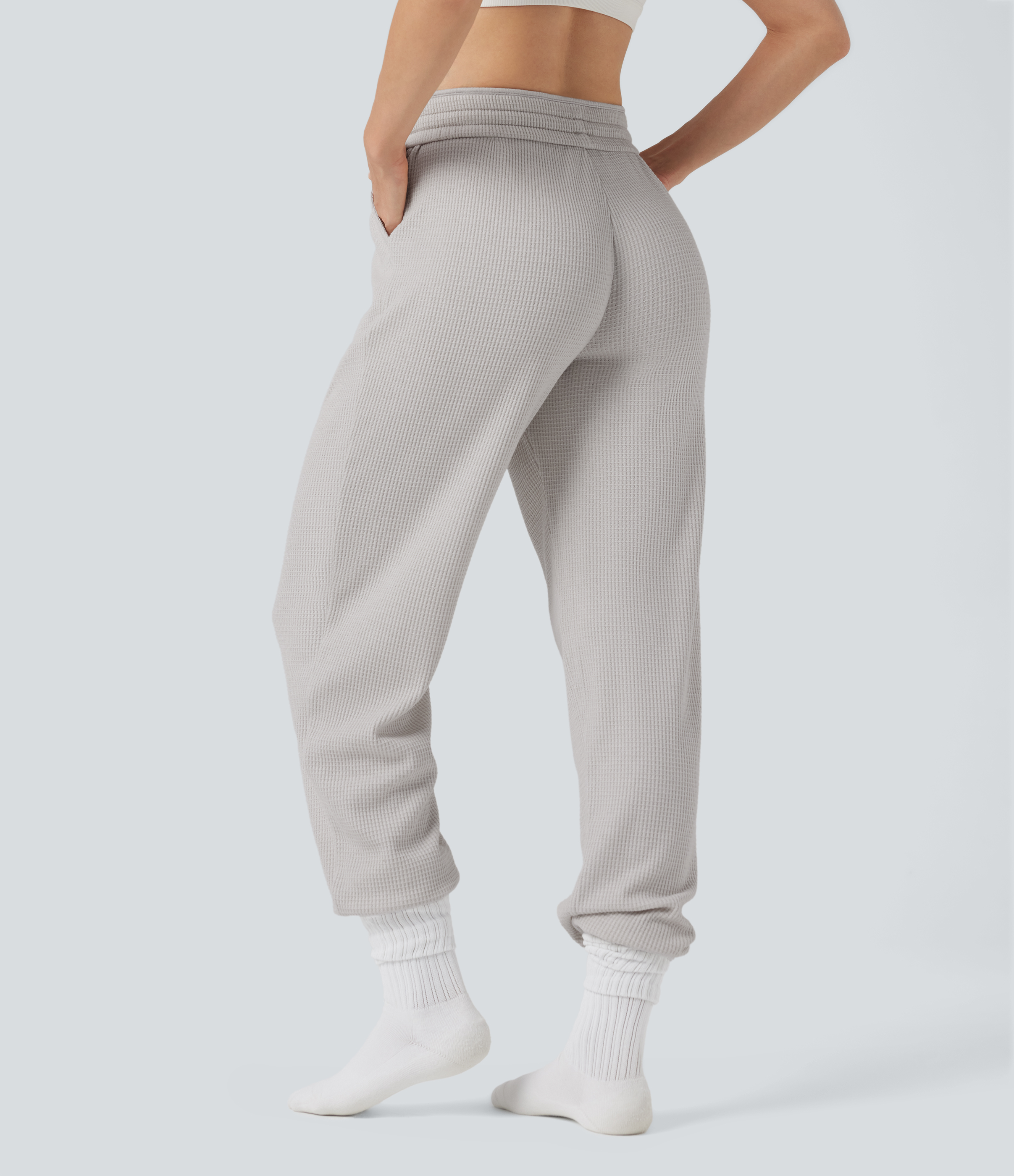 High Waisted Drawstring Waffle Casual Joggers with Pockets