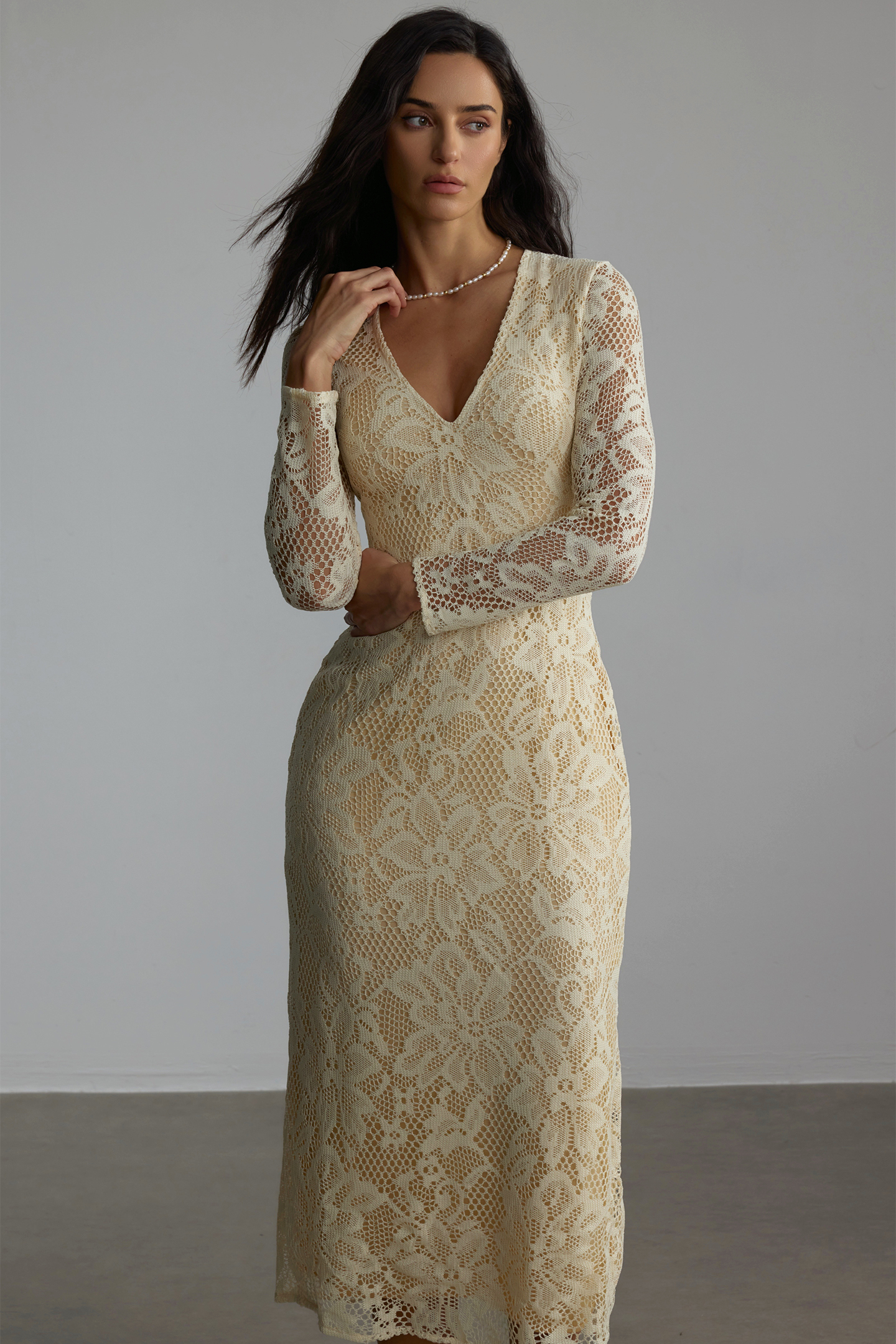 V-neck Long Sleeve Lace Midi Dress