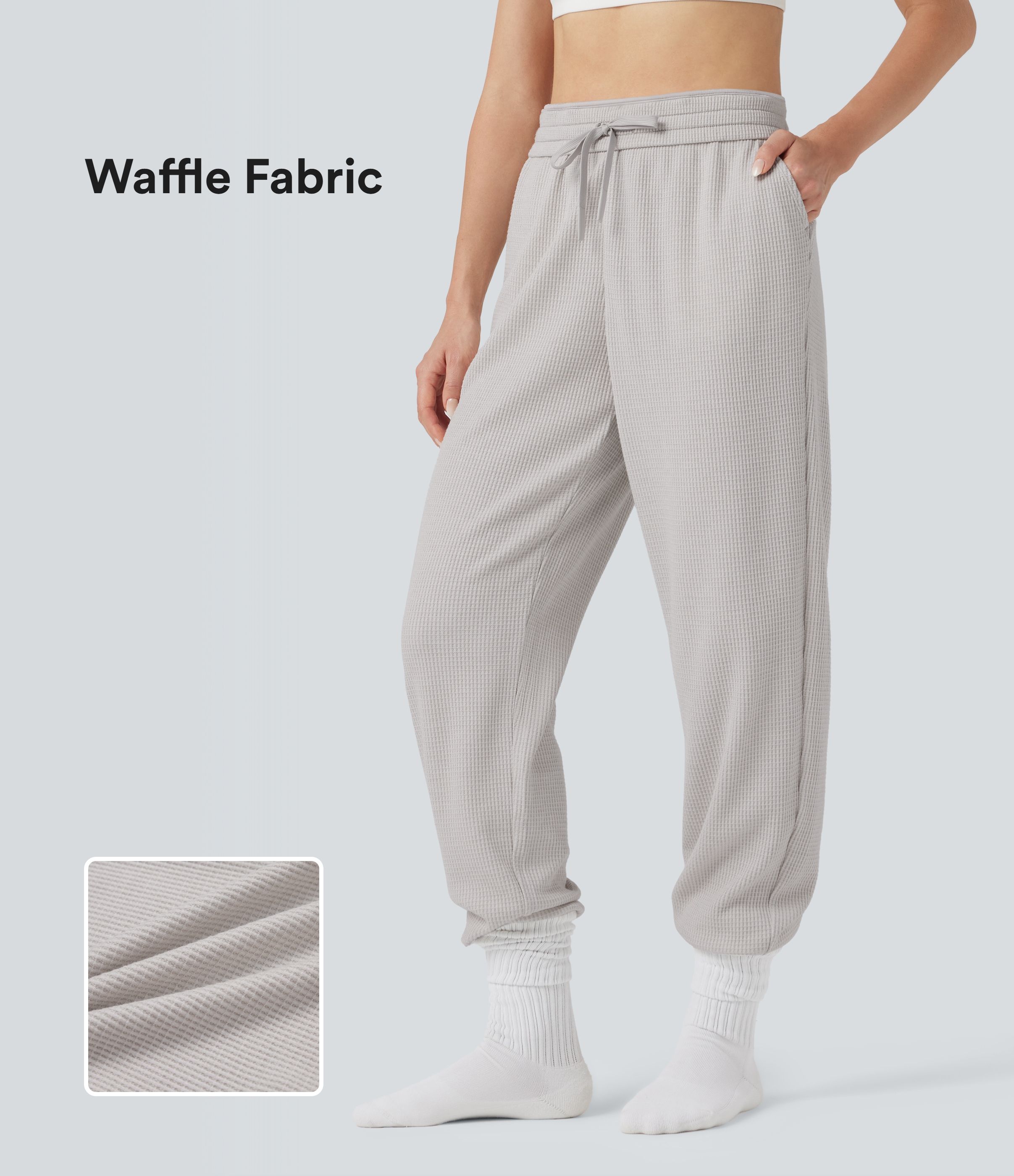 High Waisted Drawstring Waffle Casual Joggers with Pockets