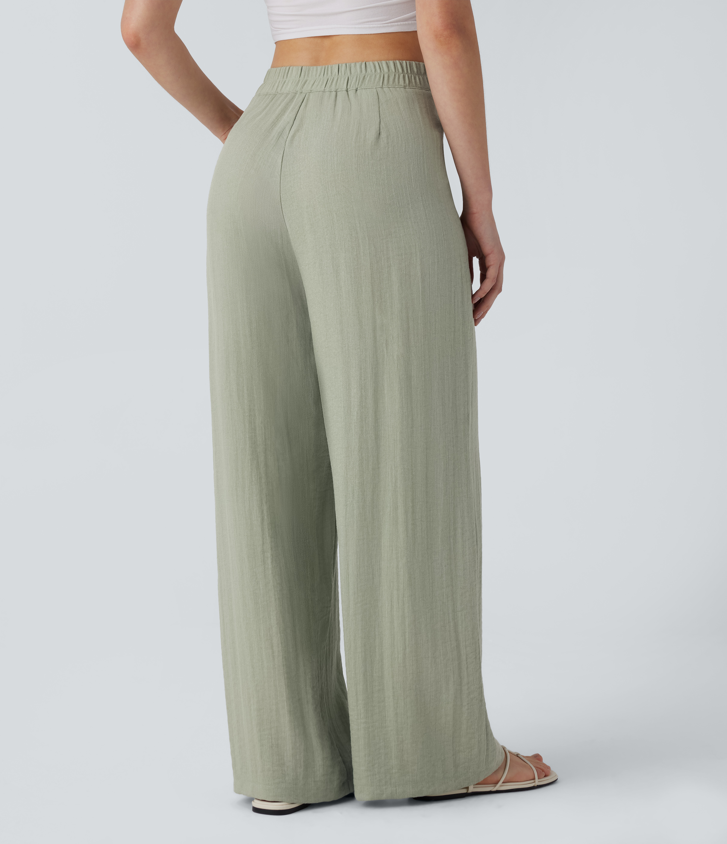 High Waisted Wide Leg Casual Linen-Feel Pants with Pockets