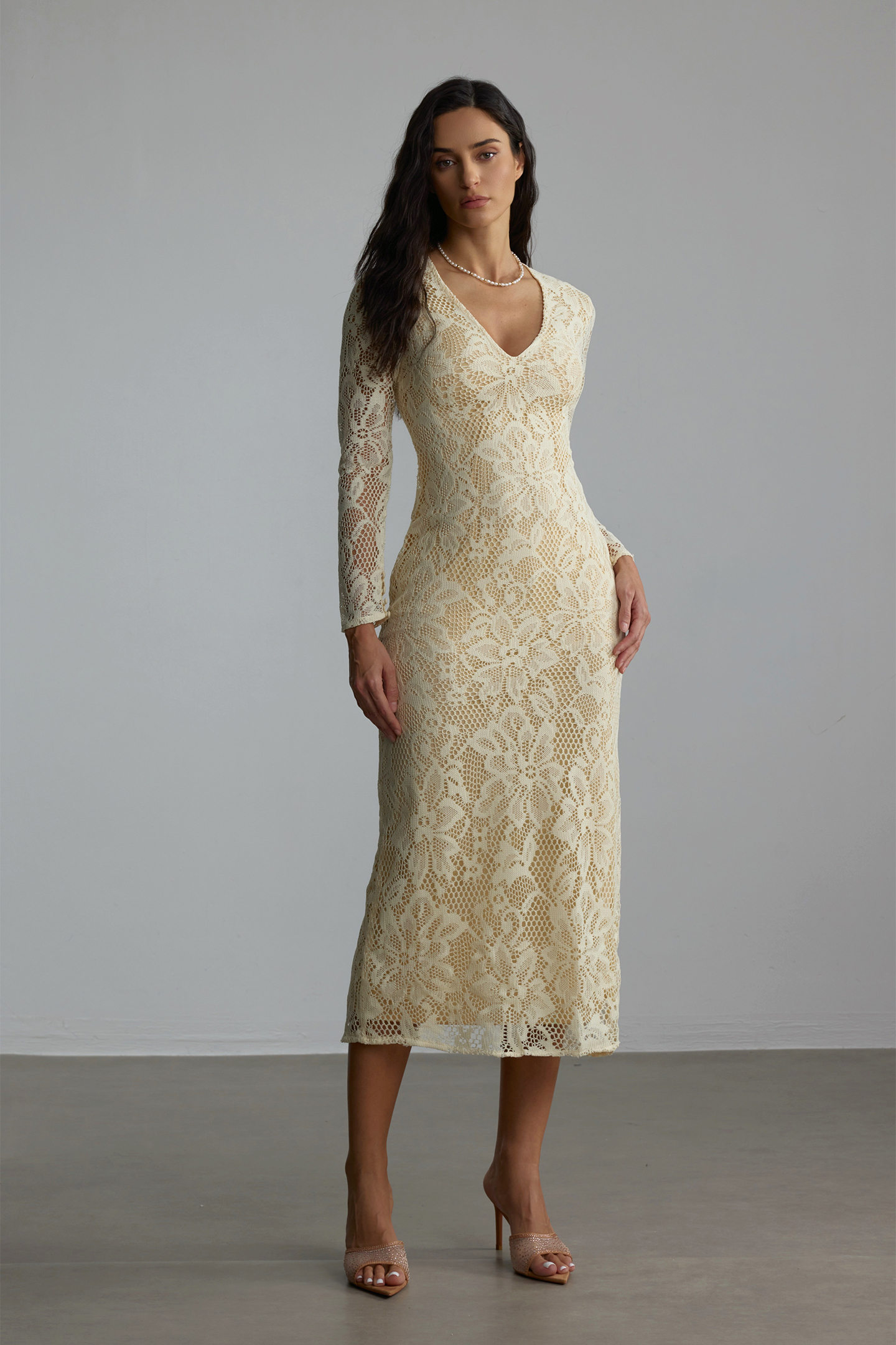 V-neck Long Sleeve Lace Midi Dress