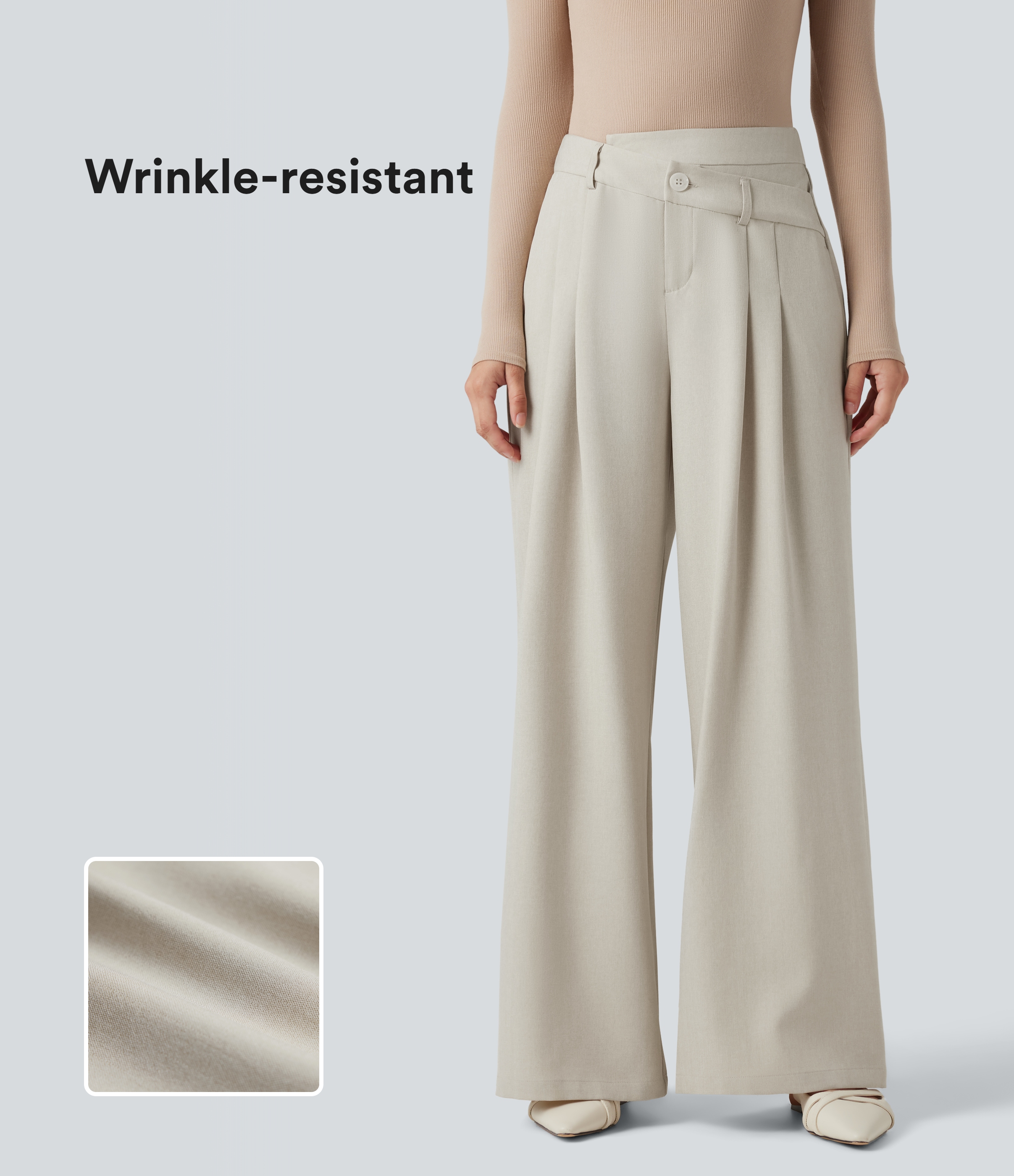 Wrinkle-resistant High Waisted Crossover Wide Leg Work Linen-Feel Pants with Pockets