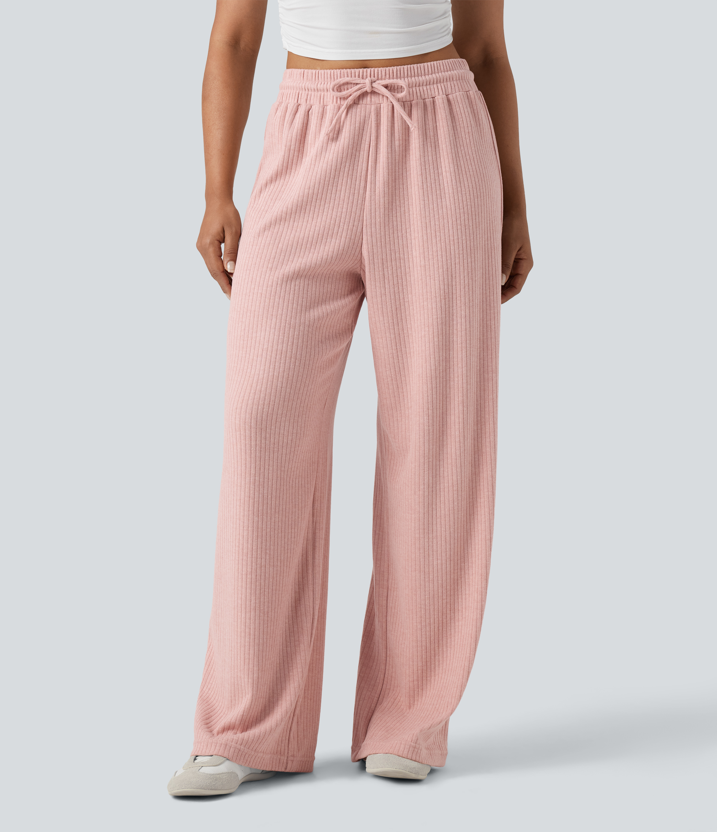 Ribbed Knit High Waisted Drawstring Straight Leg Casual Pants with Pockets