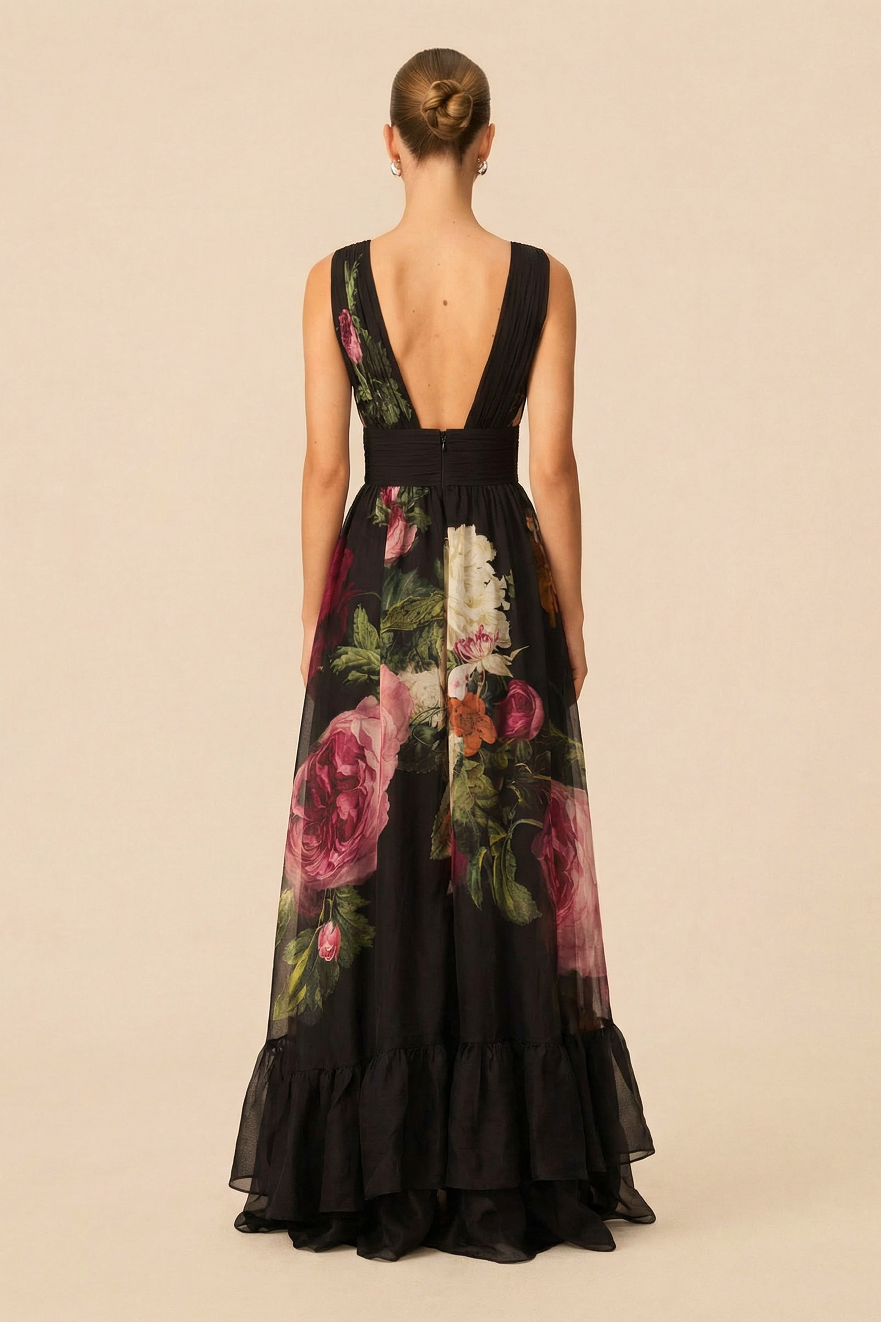 Black Floral Print V-Neck Maxi Dress with Detachable Cape