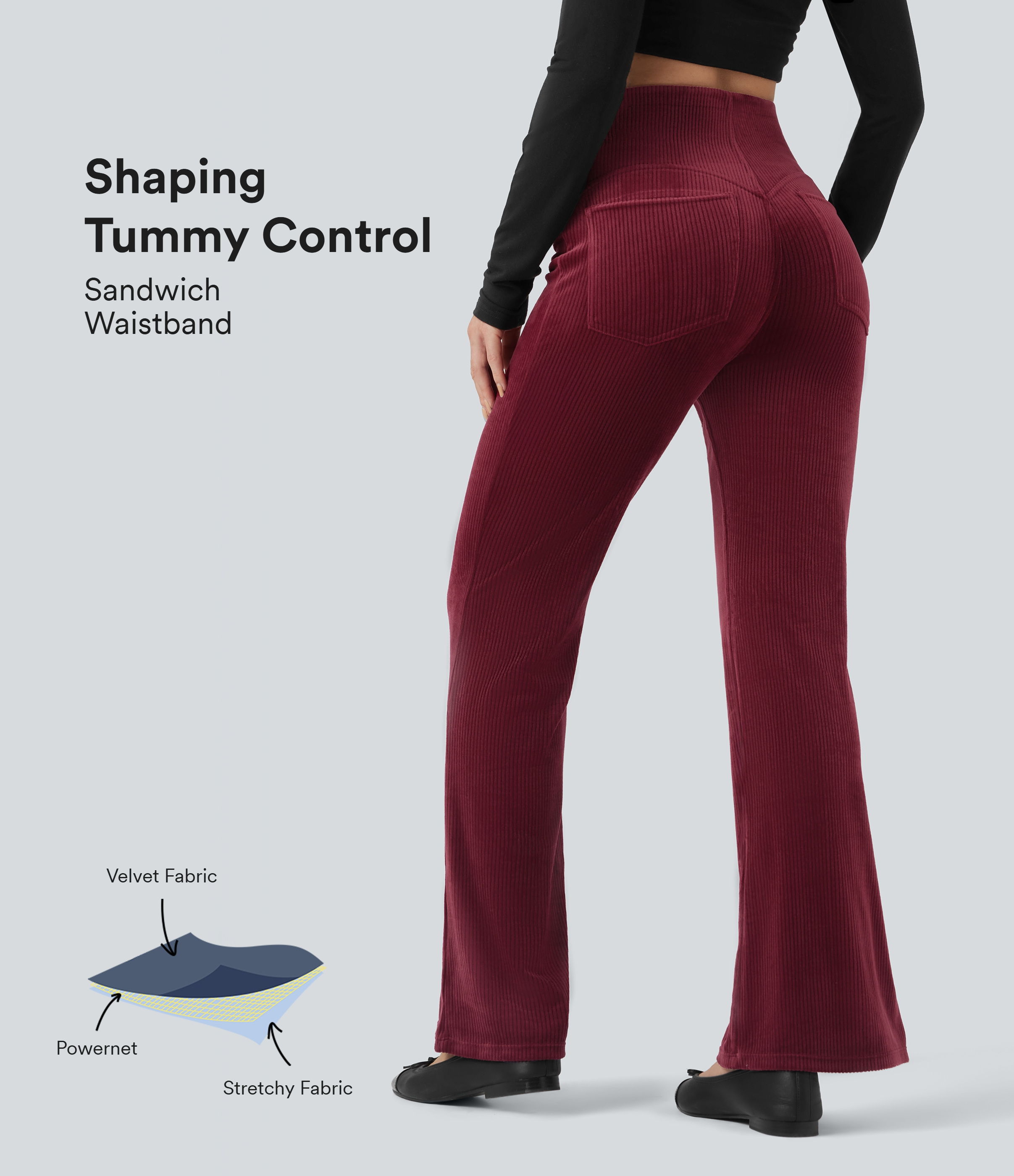 Ribbed Velvet SoCinched High Waisted Tummy Control Casual Flare Pants with Pockets