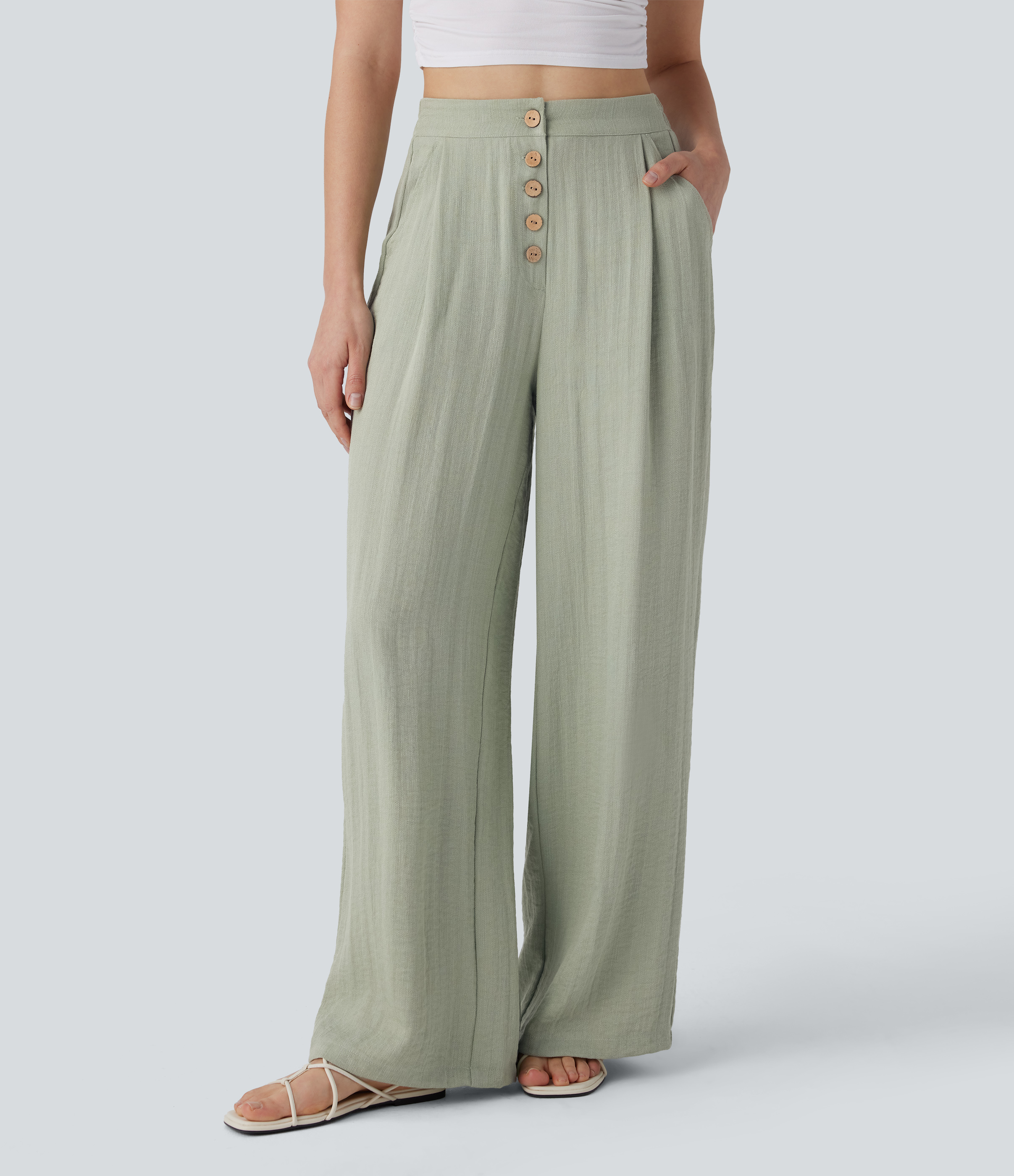 High Waisted Wide Leg Casual Linen-Feel Pants with Pockets