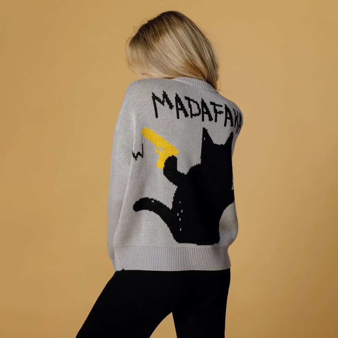 American-style Retro Loose-fitting Crewneck Spy Cat Knitted Sweater