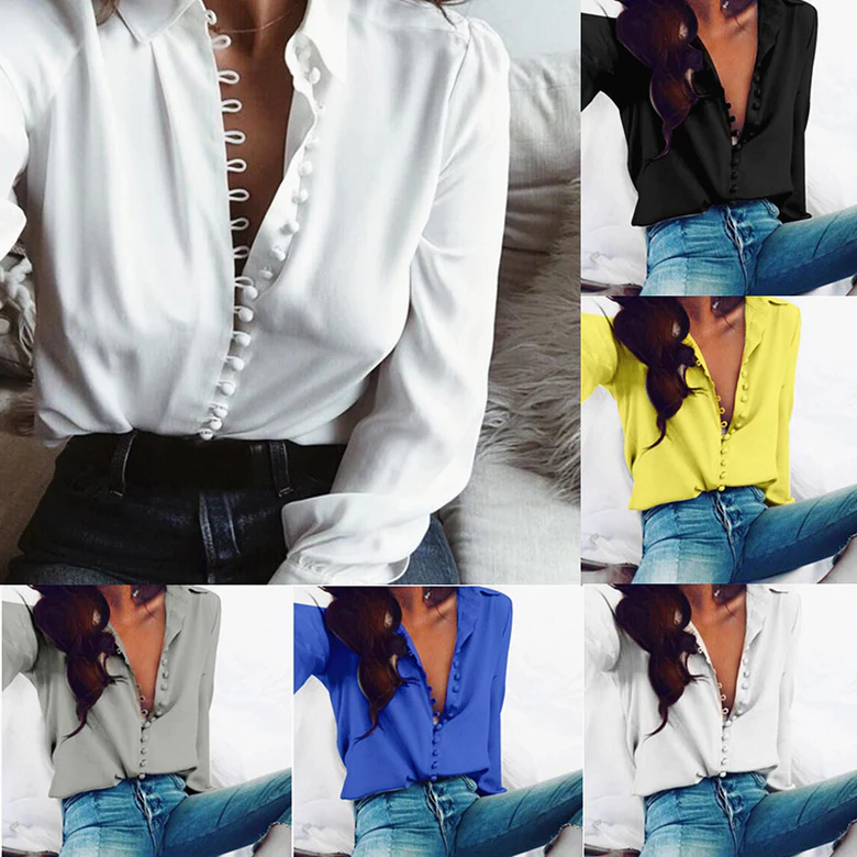 Women's Irregular Solid Color V-neck Sexy Breasted Blouses