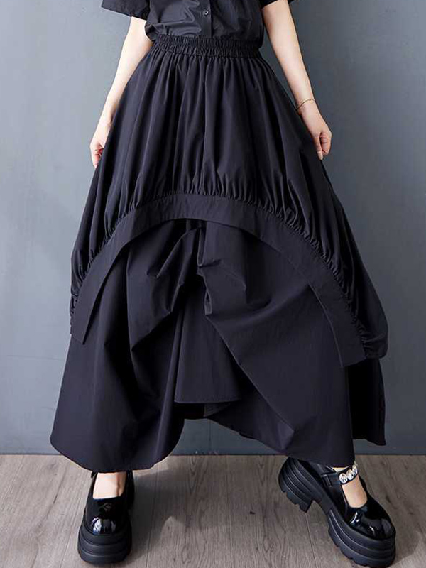 Solid Color Pockets Pleated Elasticity Asymmetric Loose A-Line Skirts