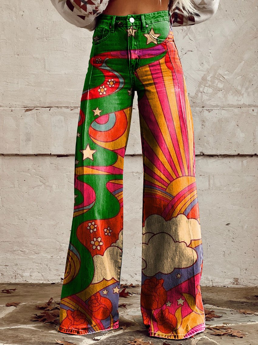 Women's Vintage Print Casual Wide Leg Pants