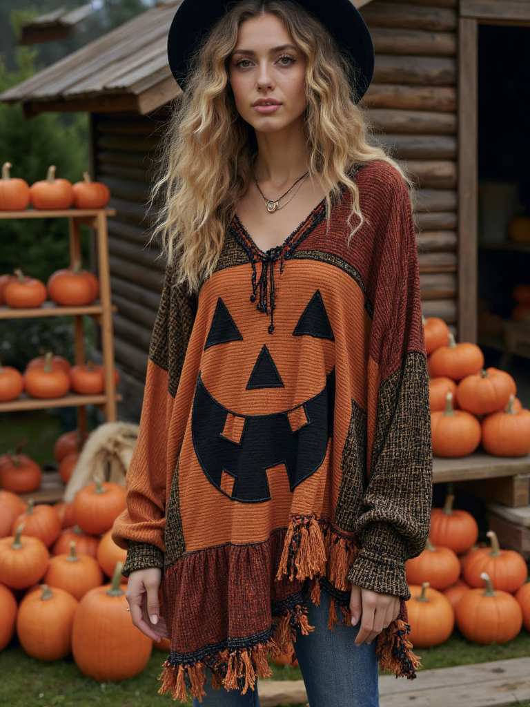 Vintage Patchwork Halloween Pumpkin Face Art Linen Shirt