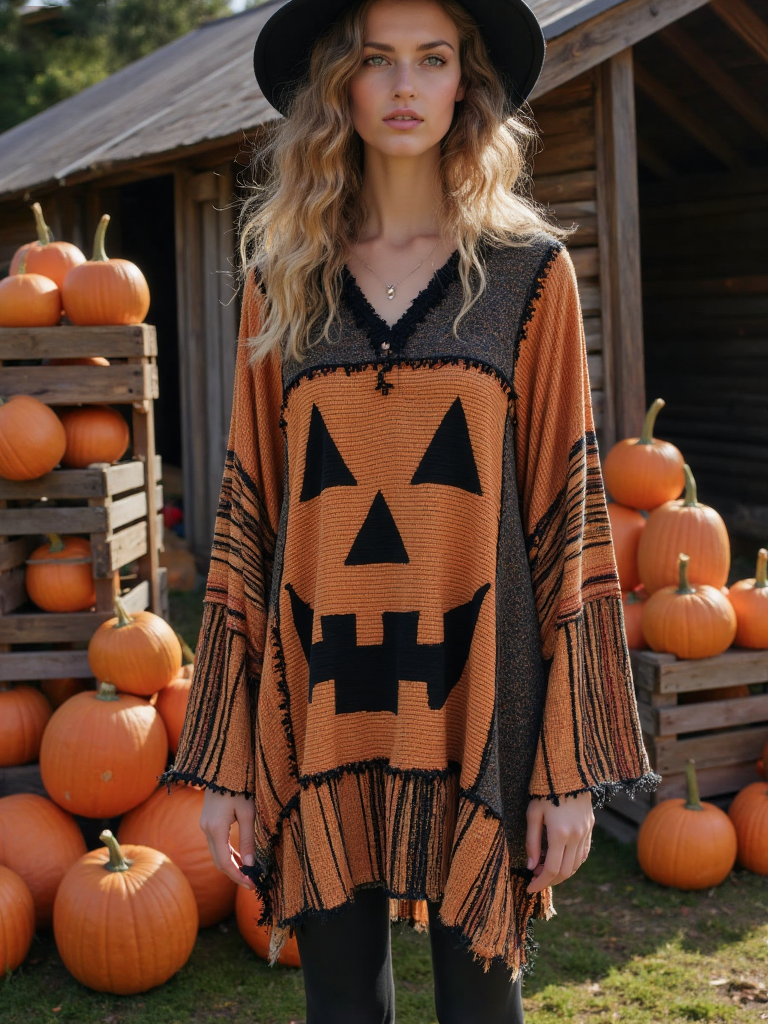 Vintage Patchwork Halloween Pumpkin Face Art Linen Shirt