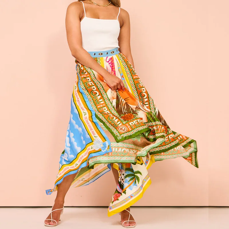 Women’s Irregular Hem Letter Print A-Line Maxi Skirt