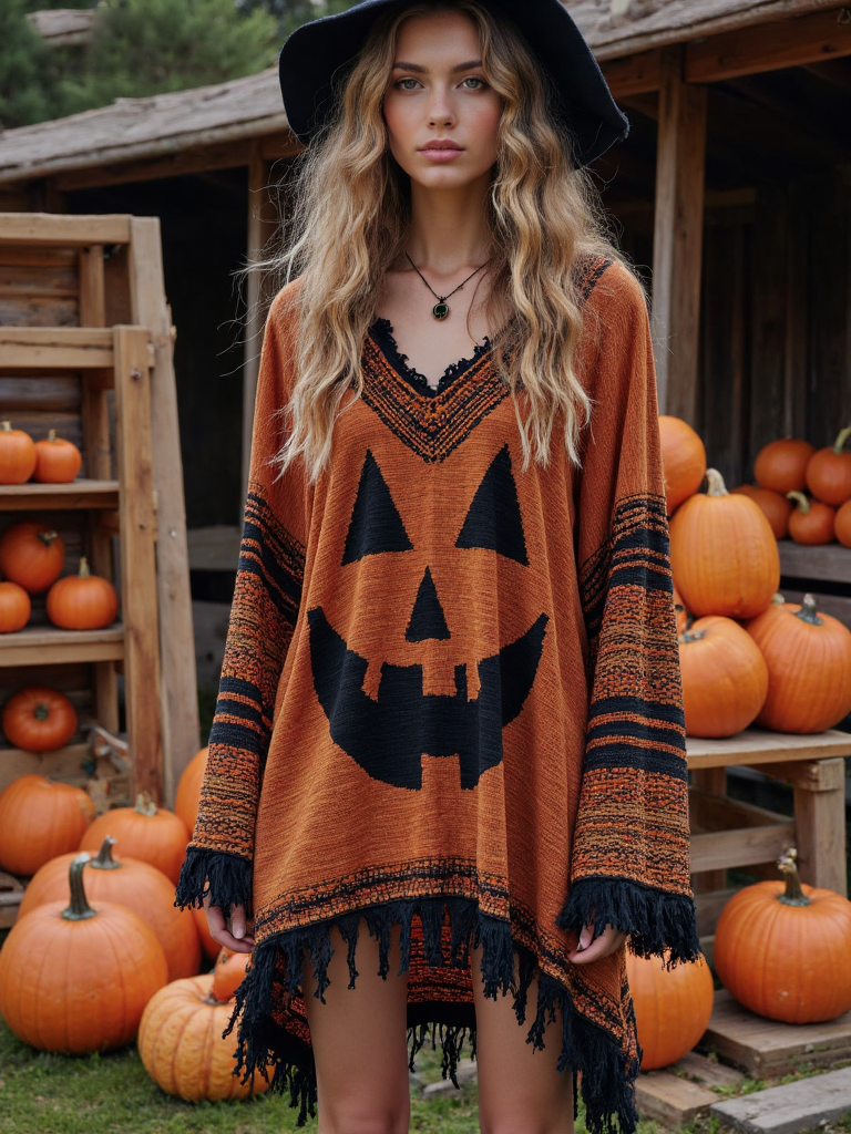 Vintage Patchwork Halloween Pumpkin Face Art Linen Shirt