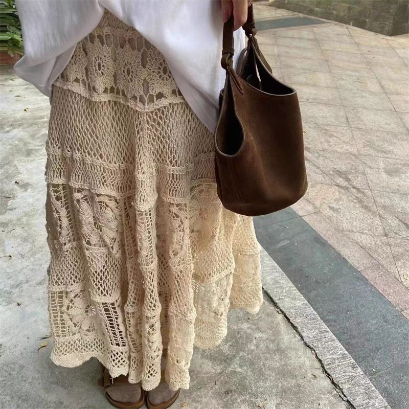 Women's Crochet Lace A-Line Long Skirt Retro Hollow Elastic Knitted Semi Skirt