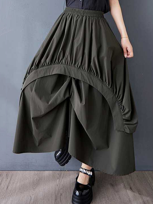 Solid Color Pockets Pleated Elasticity Asymmetric Loose A-Line Skirts