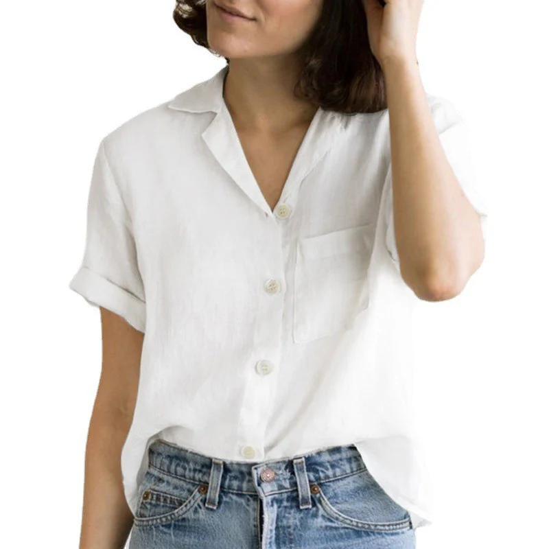 Women's Shirt Solid Color Cotton Linen Pocket Blouses